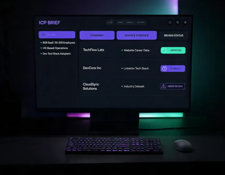 AI sales agent research interface with a review ledger